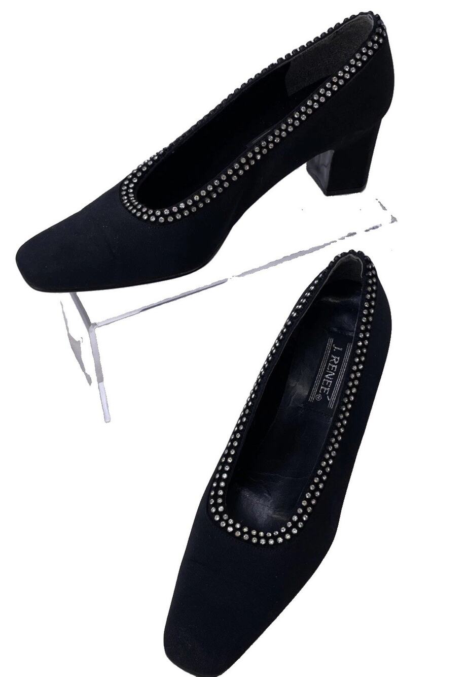 J Renee Women’s Black Fabric Low Chunky Heel Rhinestoned Trim Glam Y2K Pumps 9.5